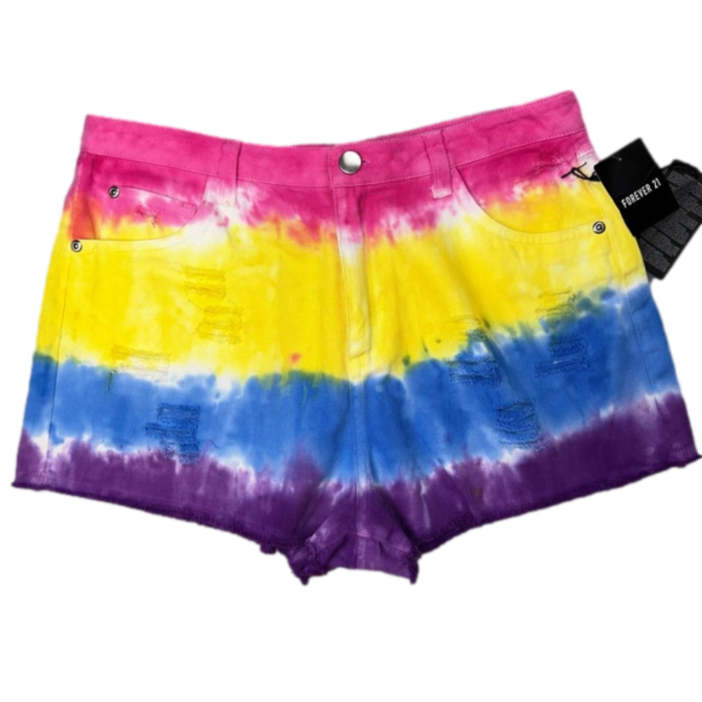 FOREVER 21 Tie dye cut-off distressed denim shorts women’s size 27 NWT